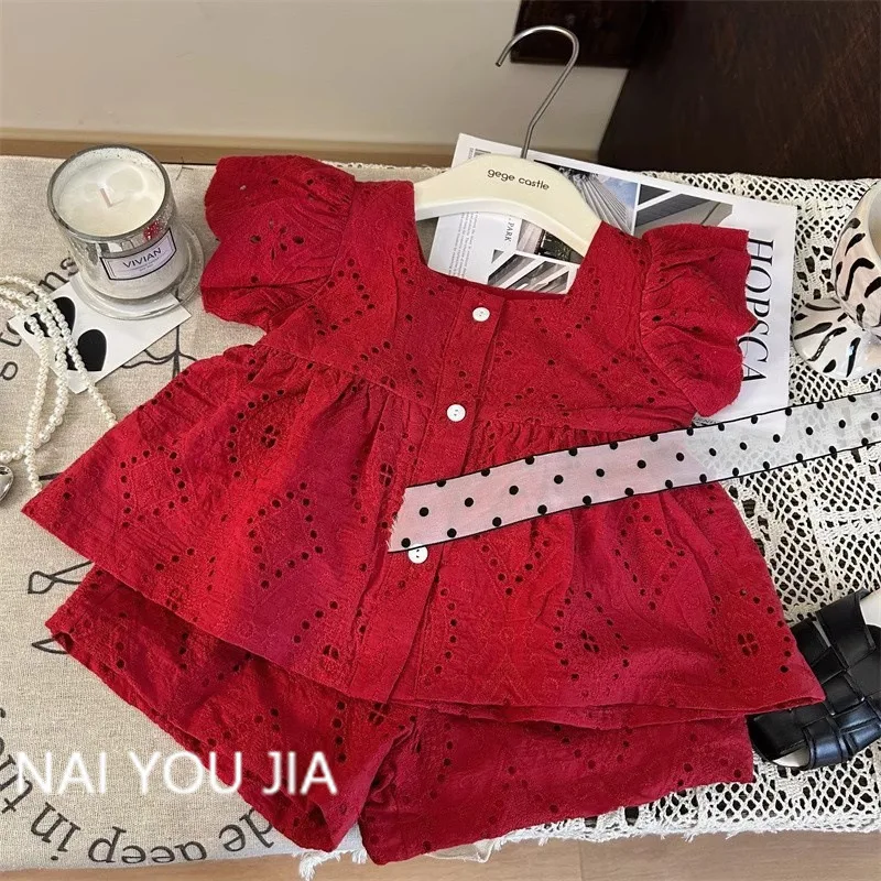 Girls Suits Small Fragrant Wind 2024 Summer Baby Wind Lace T-shirt Short Sleeve Shorts Jacquard Hollow Two-piece Set Clothes