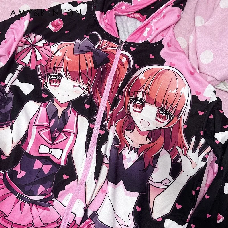 

Japanese Anime Girl Cartoon Print Hoodies Women Sweet Cute Patchwork Color Oversized Long Sleeve Hoodies Kawaii Zip Up Hoodie