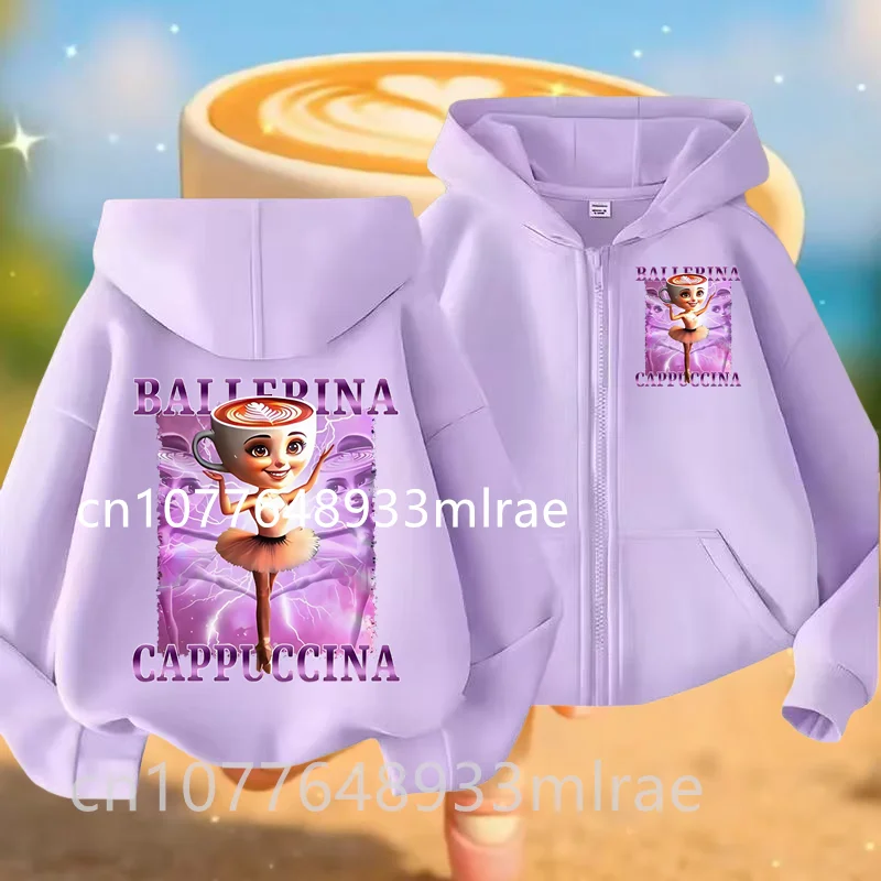 معاطف جاكيت بقلنسوة للأولاد والبنات من Brainrot الإيطالية للاحتفال بعلامة تجارية راقصة الباليه والكابتشينو في الخريف والشتاء