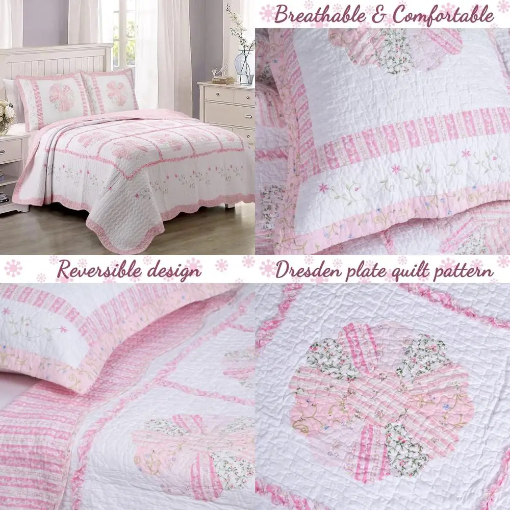 

100% Cotton Patchwork Pink Flora Dresden Plate Reversible Quilt Set - Bedding Coverlet Bedspread for Cozy Home Decor