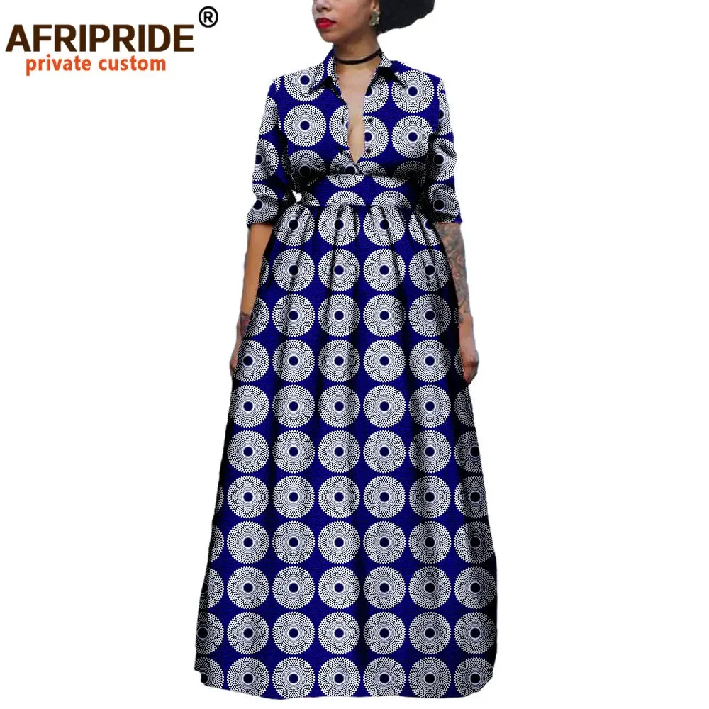 2025 African Long Maxi Dresses for Women Half Sleeve Ankle-length Notched Collar Party Dress Print Ankara AFRIPRIDE A1825075