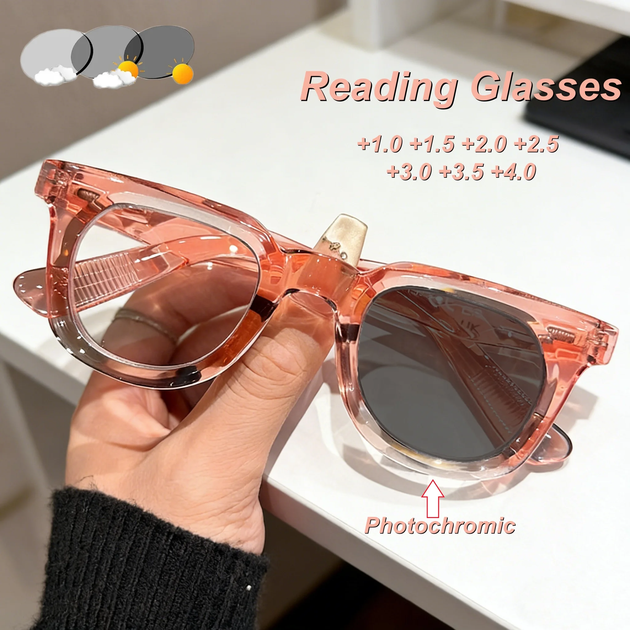 

2026 New Fashionable HD Luxury Photochromic Women's Reading Glasses Retro Neutral Square Frame Anti Blue Light Glasses