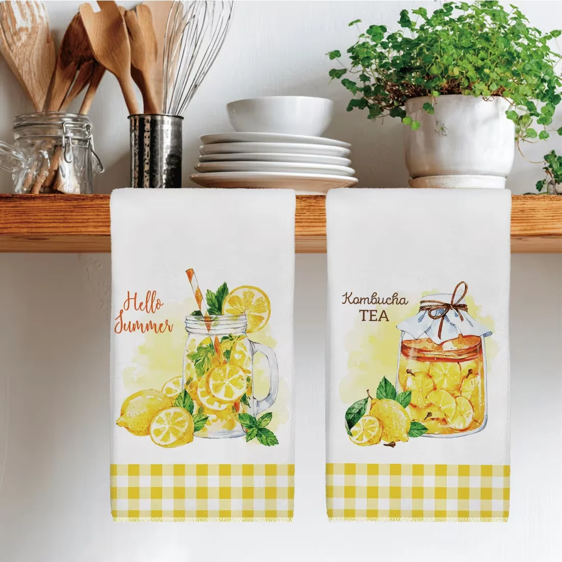 2-Pack of Rustic Towels with Watercolor Lemon Yellow Plaid Pattern Print, Modern Art Kitchen Decorative Towels, Neighbor Gifts, Sweet Housewarming Gifts for Friends, Mom Gifts, Friend Birthday Gifts. Spring/Summer Theme