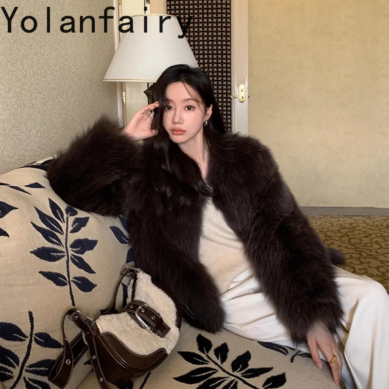 

YOLANFAIRY natural 100% fur coats for woman winter warmth V-neck elegance soft long sleeve commuting real fur jacket female 2025