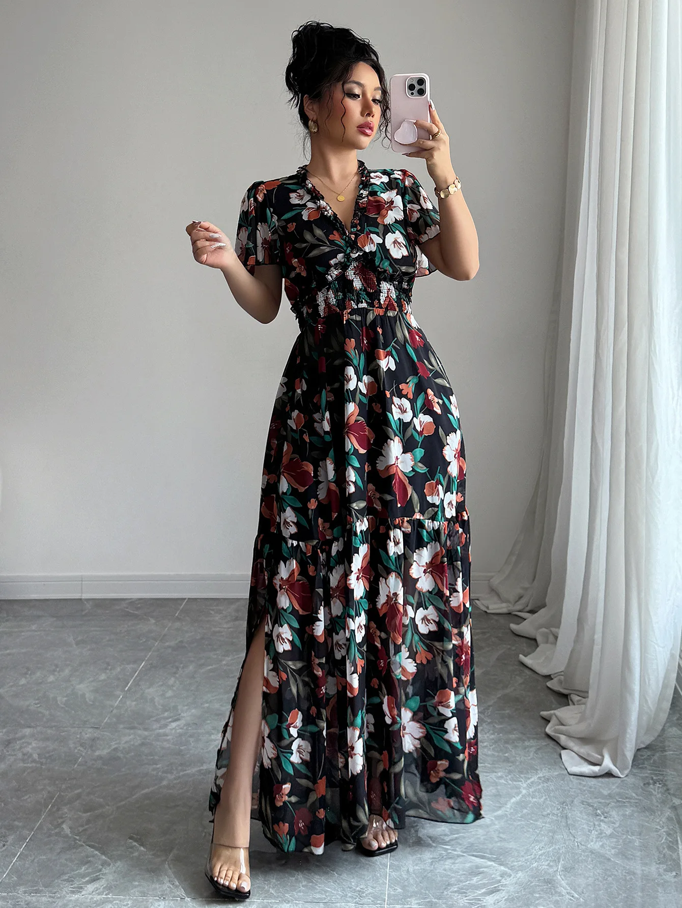 

Женское платье макси с цветочным принтом, V-образным вырезом, короткими рукавами, оборками по низу, многоярусное, для торжественных мероприятий, вечеринок, свадеб, для гостей