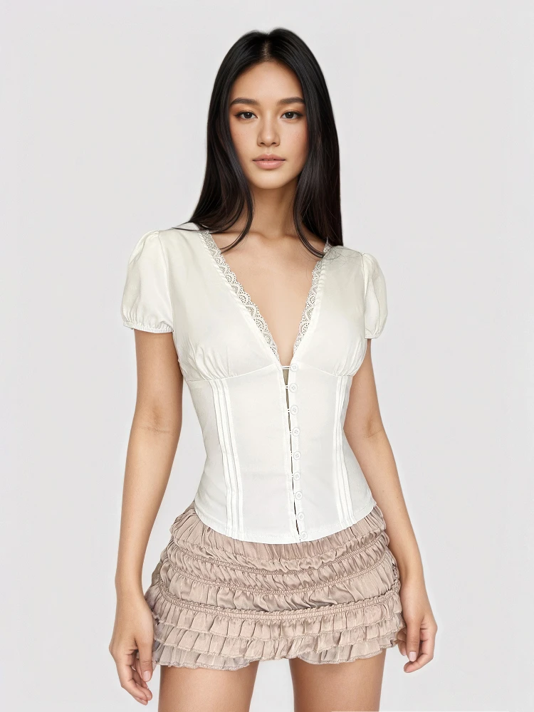 Sexy Lace Bubble Sleeve Shirt Low Chest V-neck Short Sleeve Waist Cinched White FUNOFF BM Style Women's Fashion Summer Top