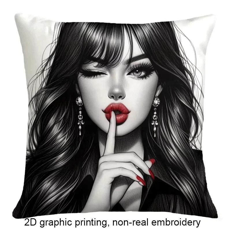 Fashion Girl Pillowcase, Red Lips Shh Gesture Cushion Cover, Black White Portrait Art Home Decor, Square Throw Pillow Case