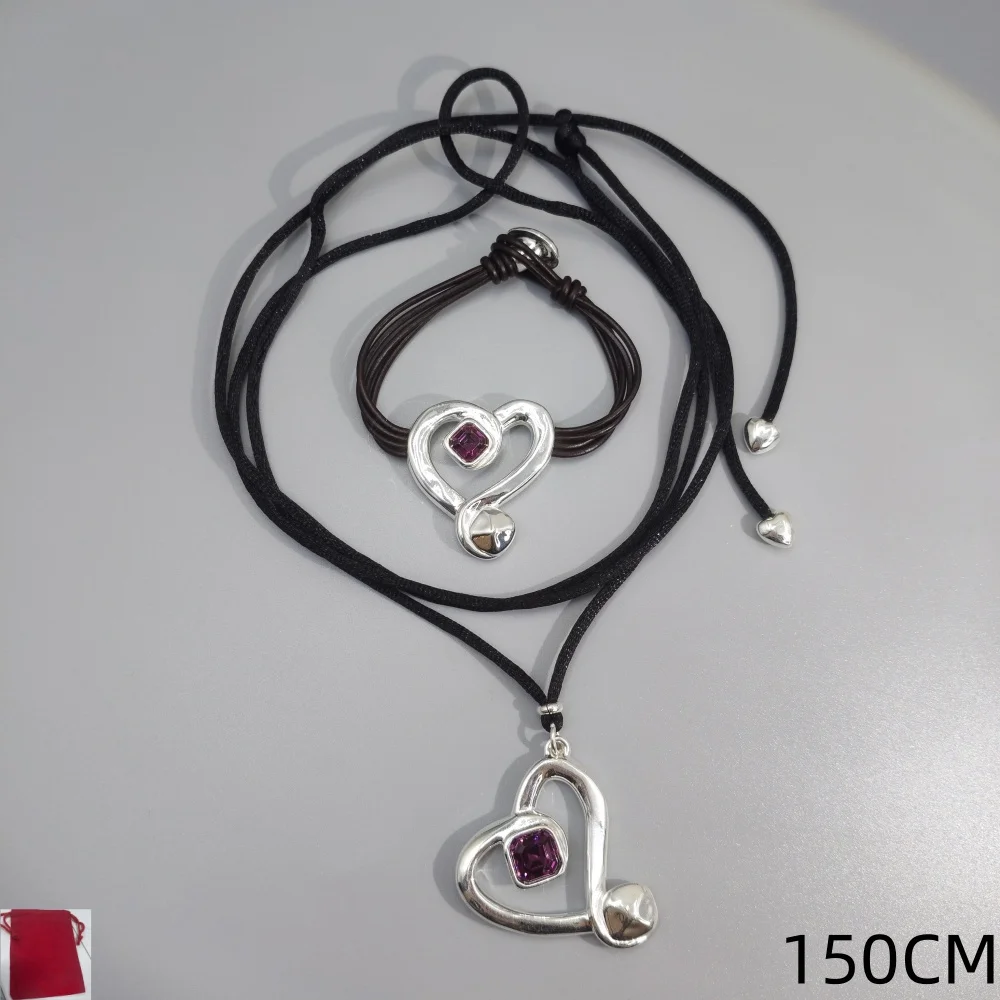 2026 Spain daily casual style colorful crystal heart-shaped leather rope bracelet necklace jewelry set popular gift