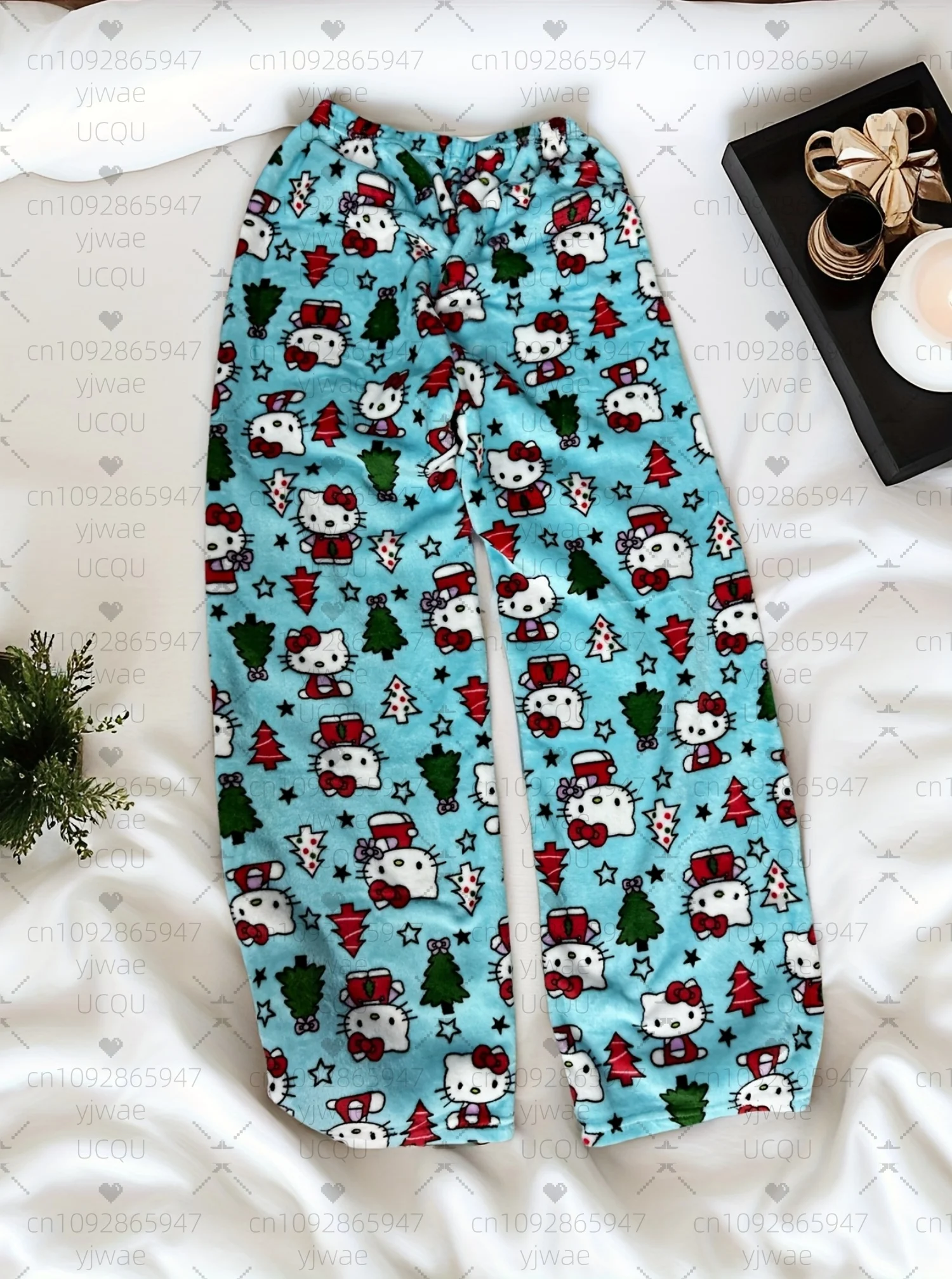 2025 inverno calças de pijama feminino olá kitty árvore de natal calças de pelúcia-solto cor bloqueando calças de pijama roupas femininas