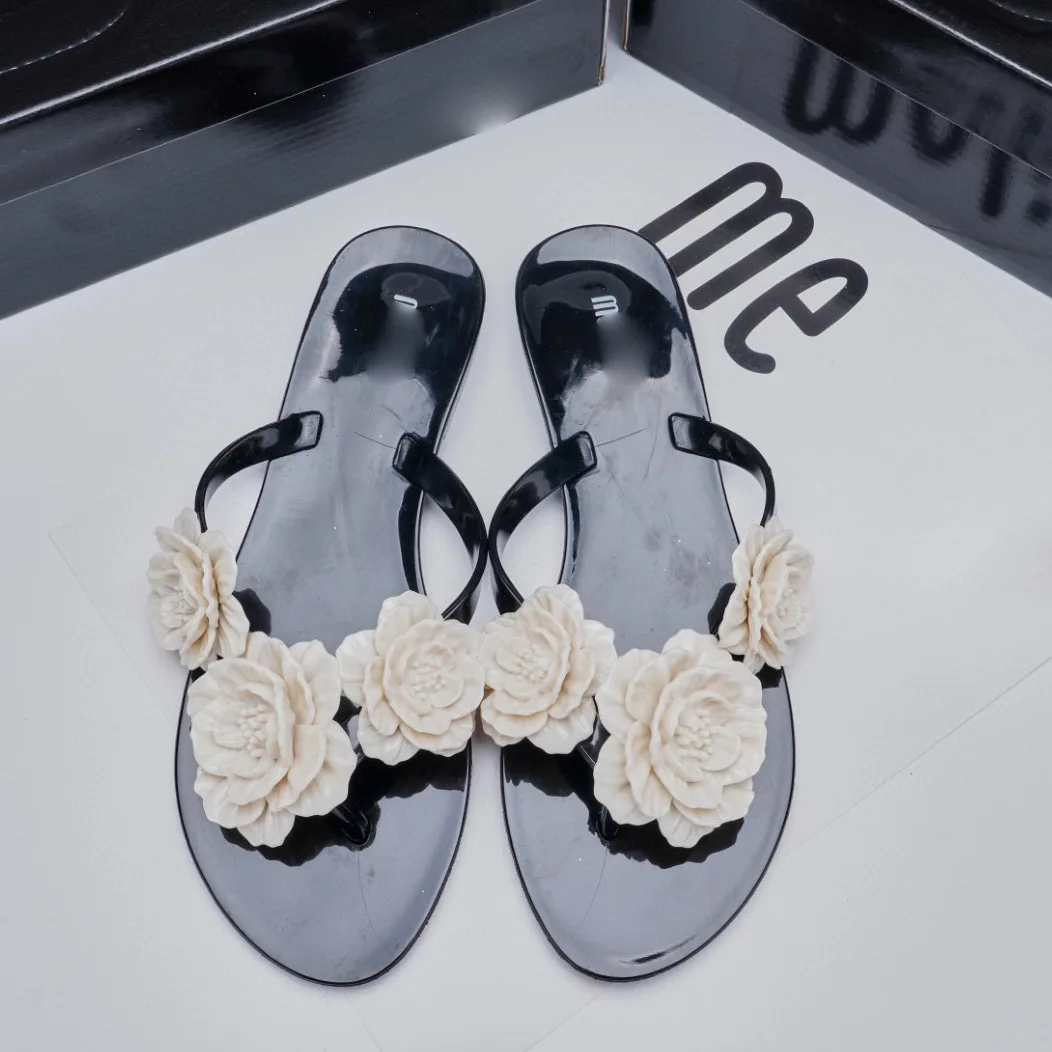 2024 New Mini Melissa Women Slippers 3D Camellia Flower Slides Summer Beach Shoes Woman Slippers Adult Ladies Flip Flops Sandals