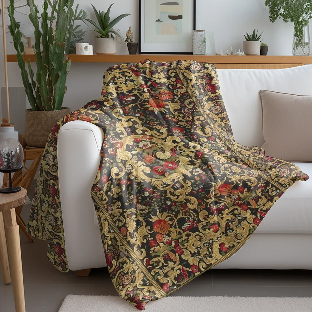Luxurious Velvet Floral Embroidered Throw Blanket Sofa Bed Living Room Decor Christmas Gift Black Red Gold 130x180cm