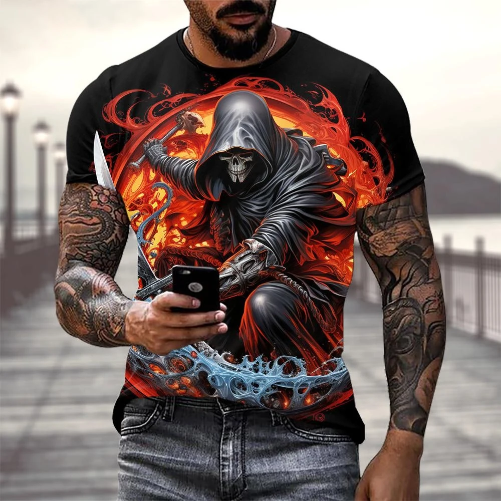 Men\'s Horror Skull Print T-Shirt 3D Print Vintage O-Neck Short Sleeve Fashion Oversized T-Shirts Men\'s Summer Street Clothing