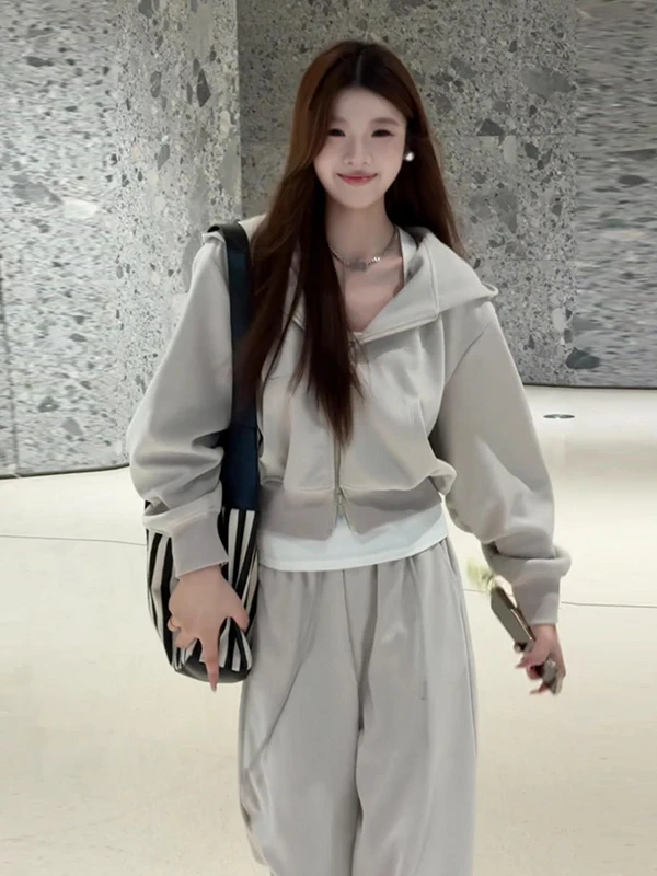 

plus Size Women's Casual Hoodie Set Korean Style High Waist Wide Leg Pants Breathable Comfortable mid Weight No