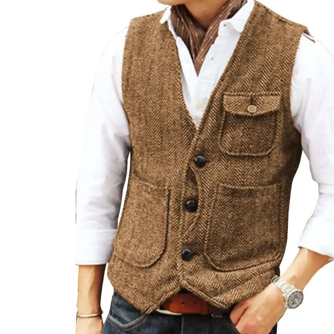 

Men Vest Brown Herringbone Single Button With Pocket Waistcoat Wedding Birthday Party Business Work Daily Casual Men Suit Vest