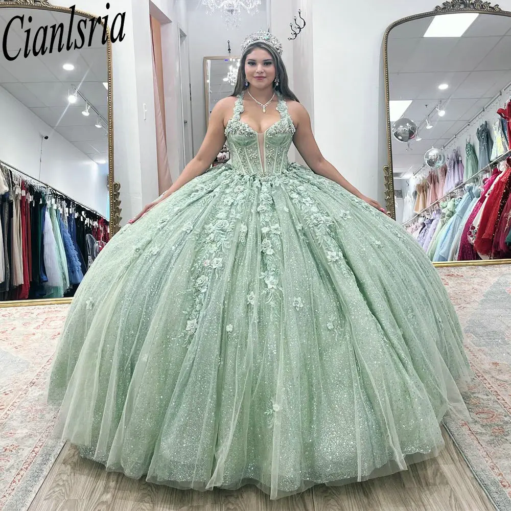 Mintgroene Kralen Kristal Quinceanera Jurken Baljurk 3d Bloemen Appliques Kant Zoet 15 Verjaardagsfeestje