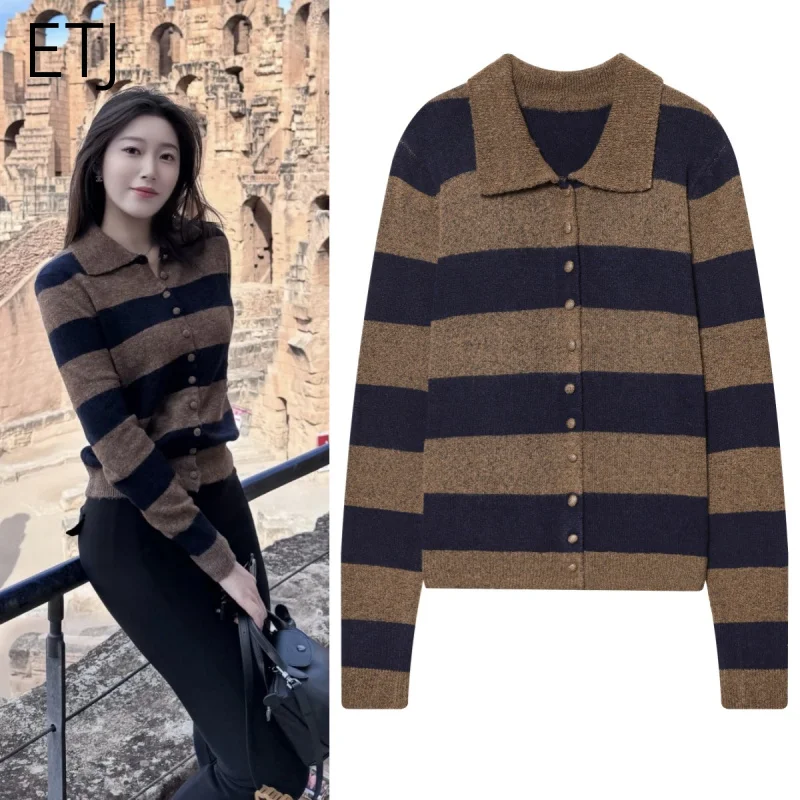 

ETJ 2025 women's winter new warm light fashion horizontal stripe lapel long sleeve knit cardigan slim sweater