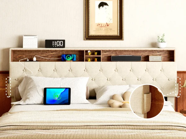 ！@CPSC Certification Modern Furniture Bed Frame with Bedside Storage Space and Mobile Phone Charging Port