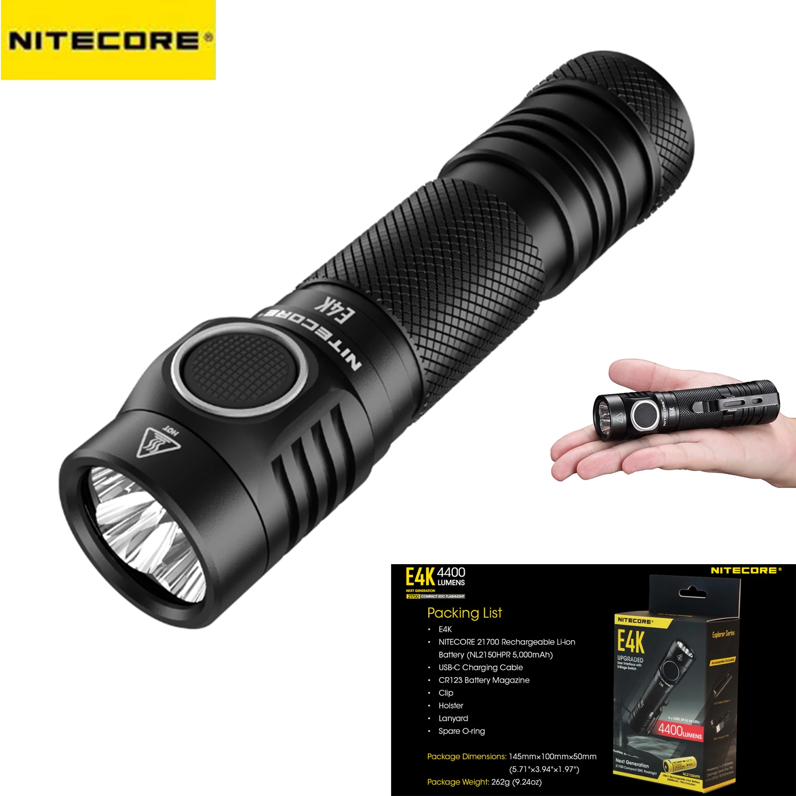 NITECORE E4K Light Перезаряжаемый фонарь 4400 люмен XP-L2 V6 Светодиодный компактный фонарик EDC Ручной фонарик с литий-ионной батареей 5000 мАч