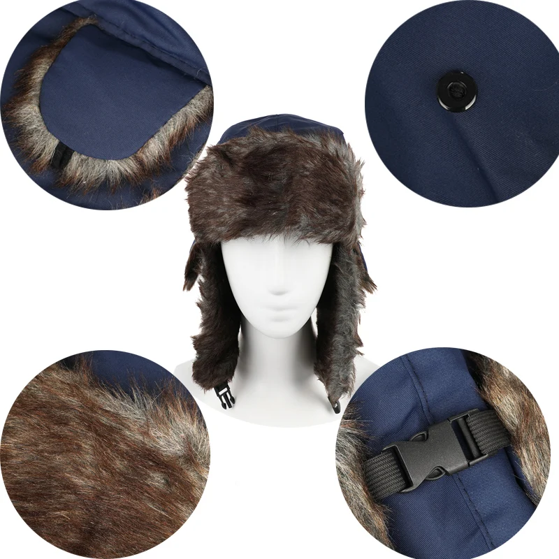 Winter Hat Warm Ear Protection Windproof Pilot Hats Solid Color Fluffy Faux Fur Cap Headwear Bonnet Winter Cap Man Russian Hat