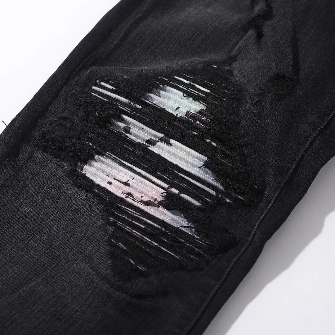 discounted men black marble patch distressed black jeans