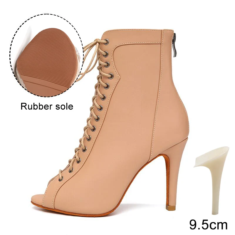 HROYL High Heel Dance Shoes Woman Beige Black Latin Dance Booties Women Open Toe Lace Up Stiletto Boots for Girls Suede Sole