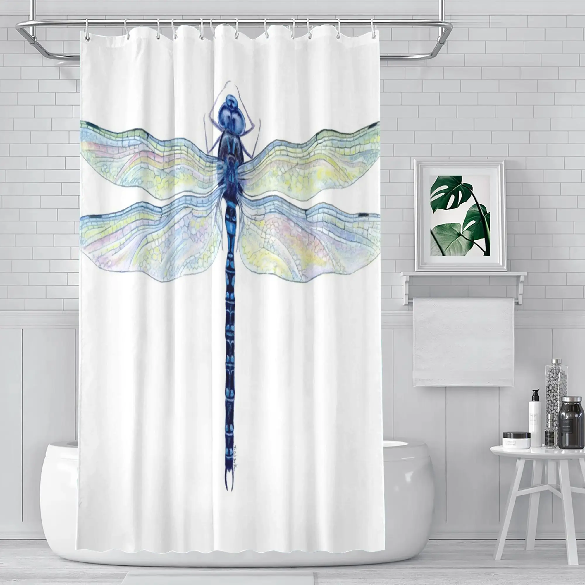 

Watercolor Dragonfly Shower Curtain Spatterdock-Inspired Blue & Pastel Wings on White Background Polyester Nature Decor