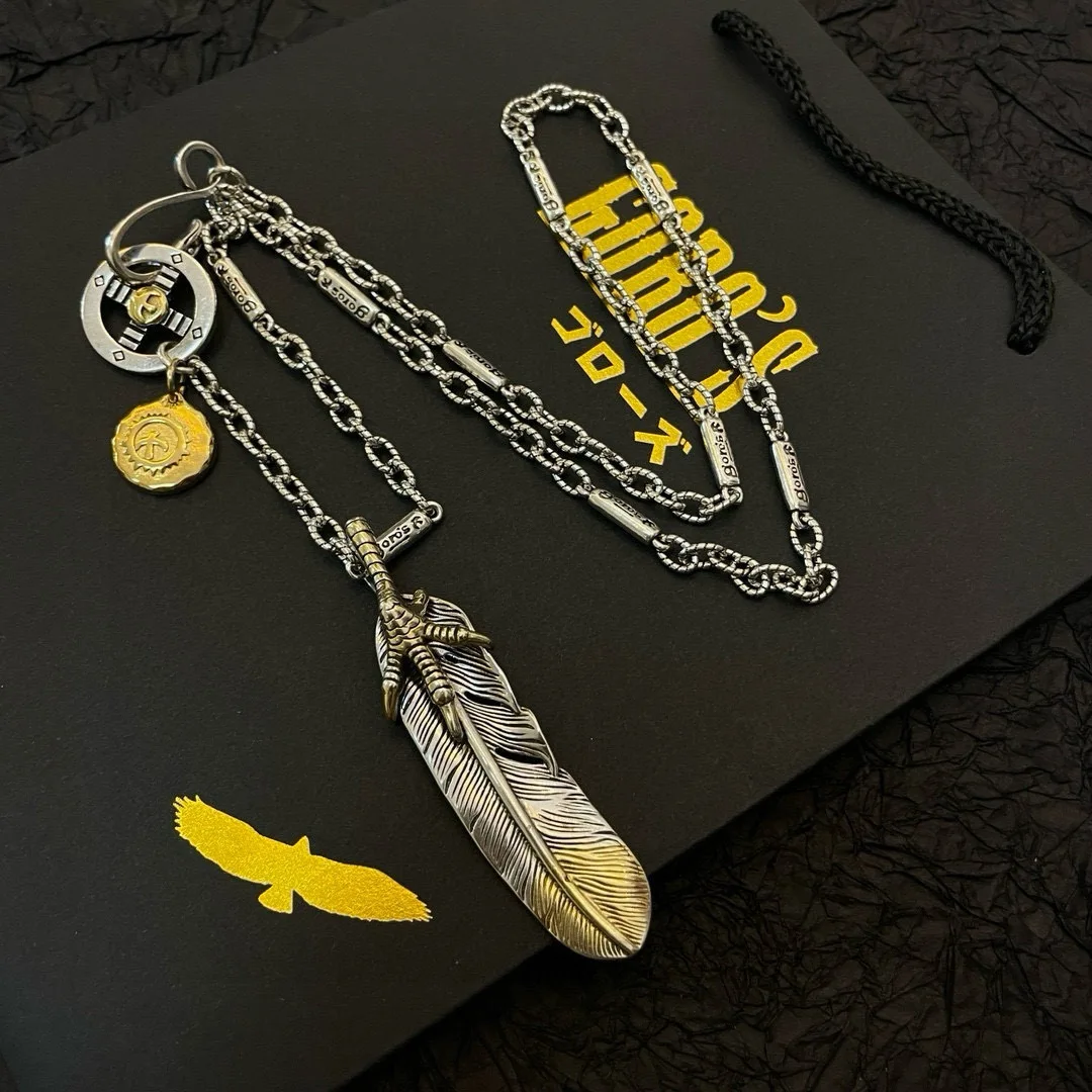 

Japan Tide Takahashi Goros Vintage Eagle Claw Feather Pendant with Gold Roundel Classic Necklace Versatile Hip-hop Punk Style