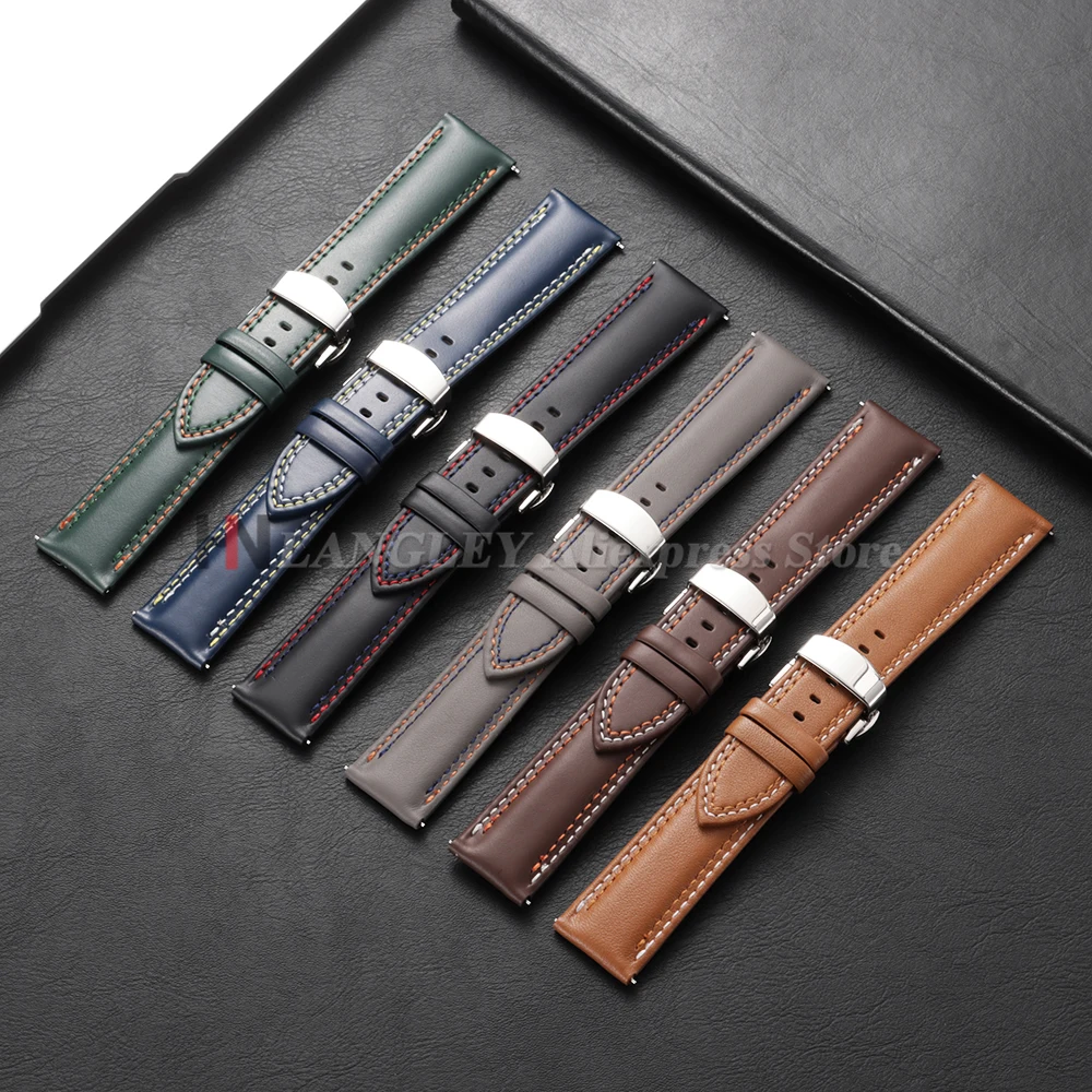 Calfskin Genuine Leather Watchband for Omega Business Watch Band for Seiko 20mm 22mm 24mm Butterfly Buckle Stitching Sport Strap view 2