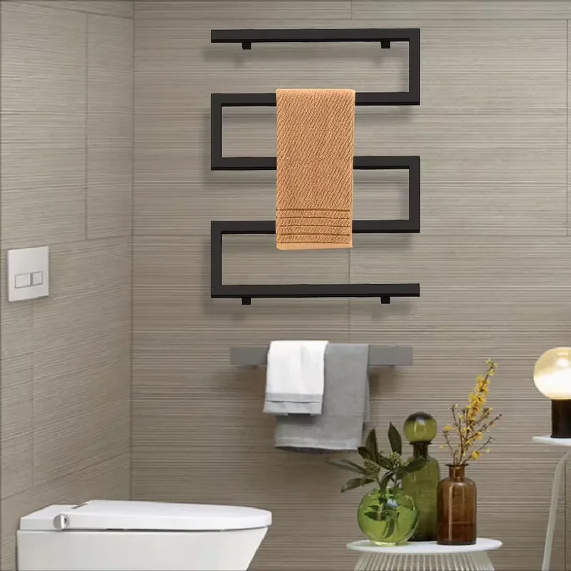 Smart Electric Towel Warmer Wall Mounted Black Stainless Steel S Shape Curved Rail Modern Bathroom Heating Rack Minimalist