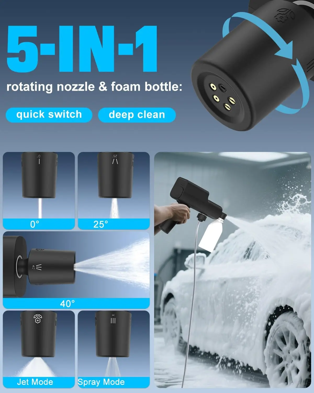 غسالة ضغط لاسلكية قابلة للطي، غسالة طاقة محمولة 249 رطل لكل بوصة مربعة مع بطارية وشاحن سيارة، خرطوم 16.4 قدم، فوهة 5 في 1 للسيارة،