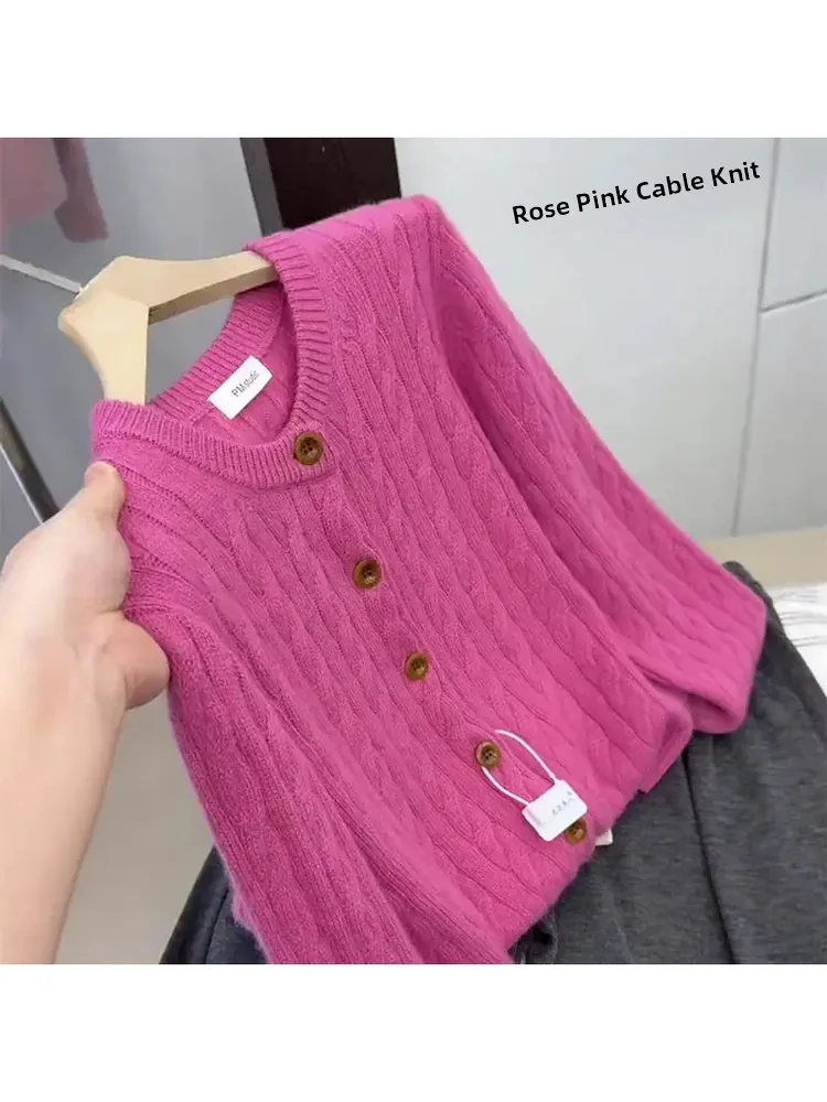 Large Size round Neck Knitted Sweater Long Sleeve Open Cardigan Women's Autumn Winter New Style Versatile Top Twist Pink