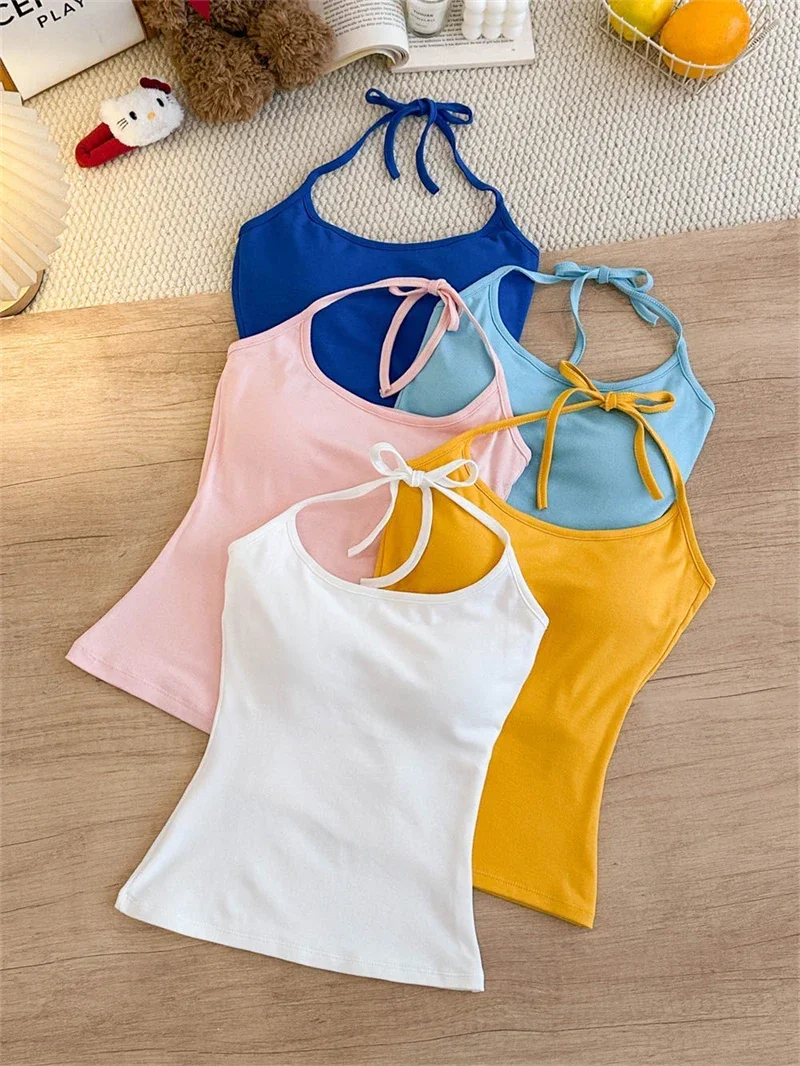 Koreanischer Stil Mehrfarbiges Crop-Top mit Bindeband und integriertem BH-Pad – Sexy, eng anliegendes Tanktop für Damen – Detail 7