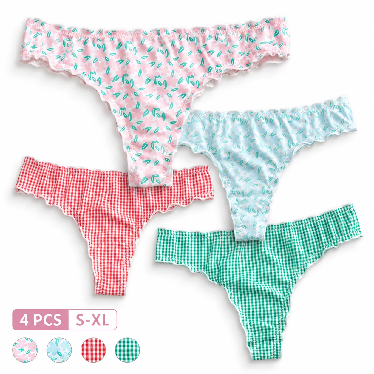 4PCS Women's Low Waist Thong Panties Soft Breathable Stretchy Floral Plaid Print Ruffle Edge Ladies Daily Comfort Underwear S-XL