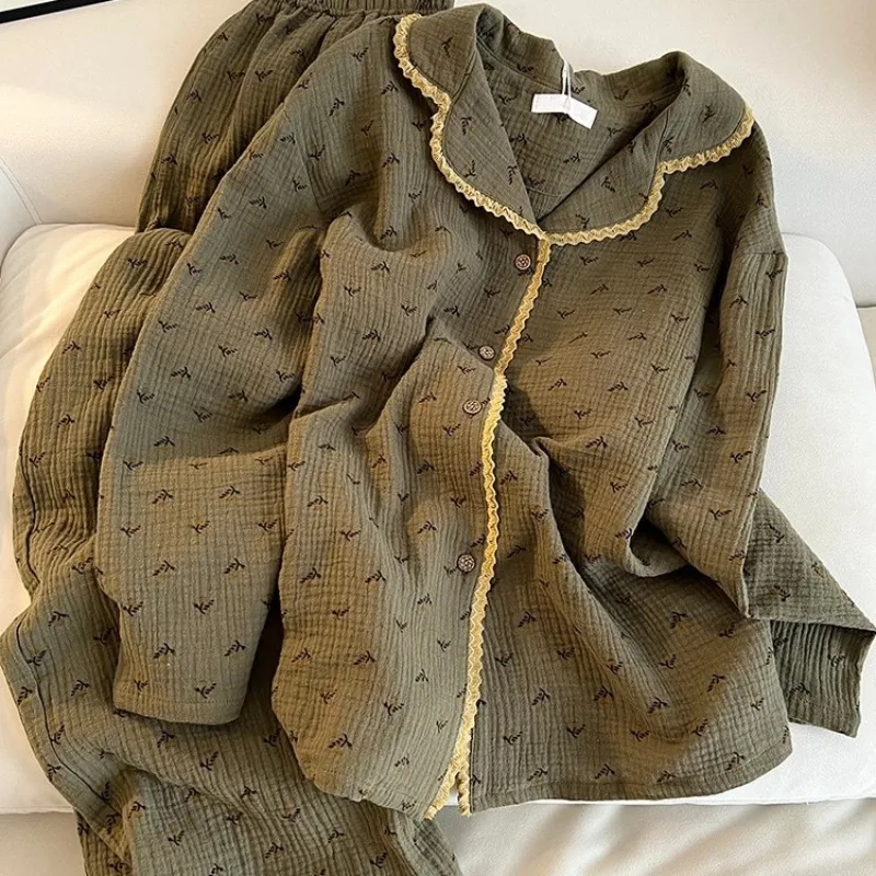 Gentle Wind Small Floral Pajamas for Women, Spring and Autumn, Plus Size, Lazy Style, Long Sleeve and Pants Homewear Set
