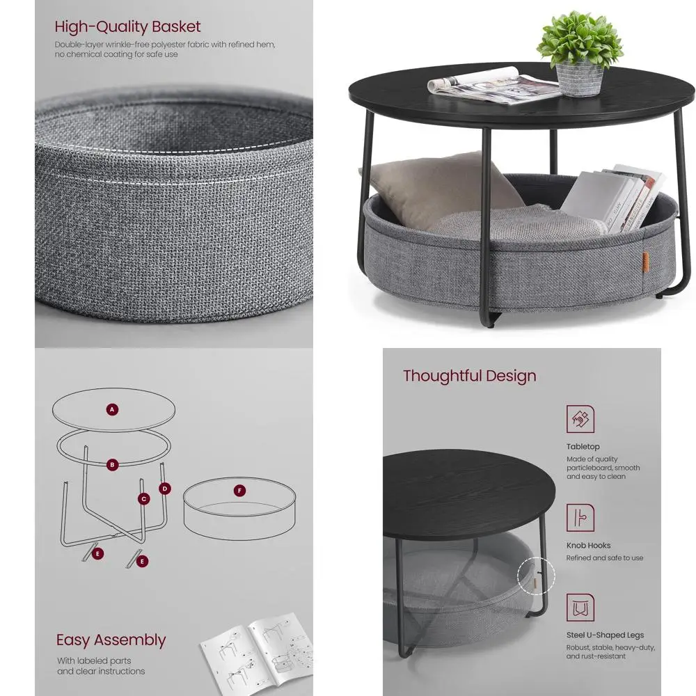 

Modern Ebony Black & Slate Gray Round Coffee Table with Fabric Basket Storage for Living Room, LILEA Collection ULCT244B56