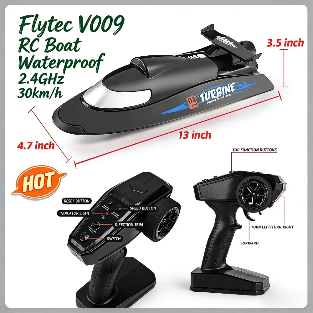 

Flytec V009 30km/h Three-Speed RC Boat 2.4GHz 150m Remote Turbine Drive Self-Righting Waterproof Electric Ship for Kids Adults