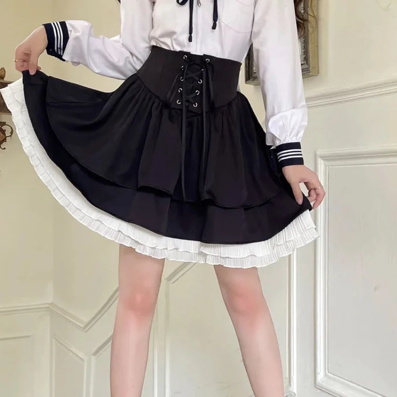 

Skirt Kawaii Ruffled A-Line Lolita Skirts Summer Preppy Style Ball Gown 2025 Vintage Sweety Girly Lace Black Mini fdrf