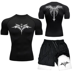 Nuevo conjunto de compresión de boxeo MMA, ropa deportiva para hombres, pantalones cortos de gimnasio de secado rápido, camiseta para correr, entrenamiento, traje deportivo ajustado Rashguard, 2 uds.