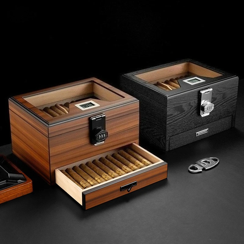 Cigar Humidor with Safety Lock and Thermometer Double-layer Large-capacity Cedar Wood High-perspective Window Cigar Box