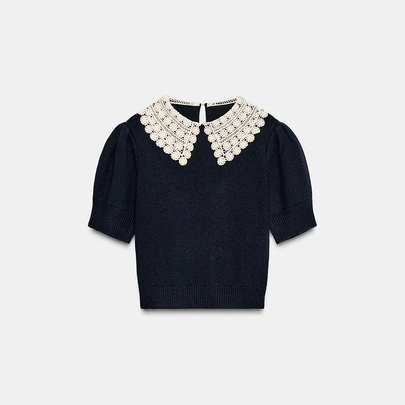 Casual Navy Blue Women's Knitted Top Doll Collar Short Sleeve Pullover 2025 New Slim Cropped Knitwears Fashion Autumn Lady Tops