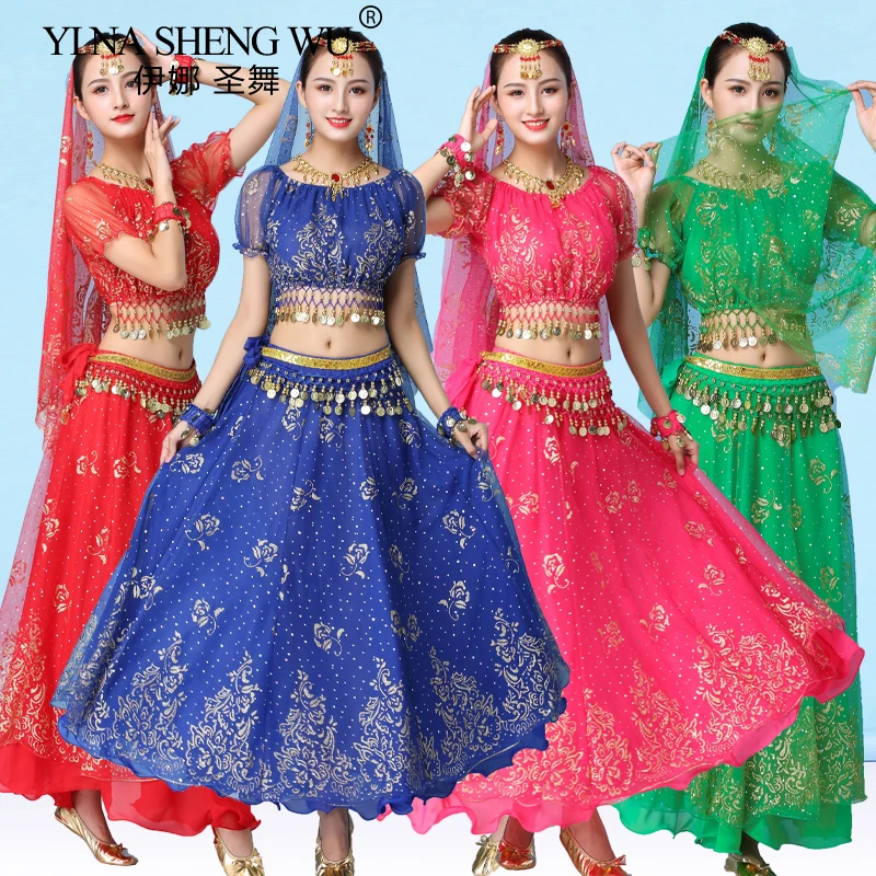 Bollywood Belly Dance Costume Set Indian Dance Belly Dance Performance Outfit Chiffon Sari Suit Women Indian Dance Costume Set