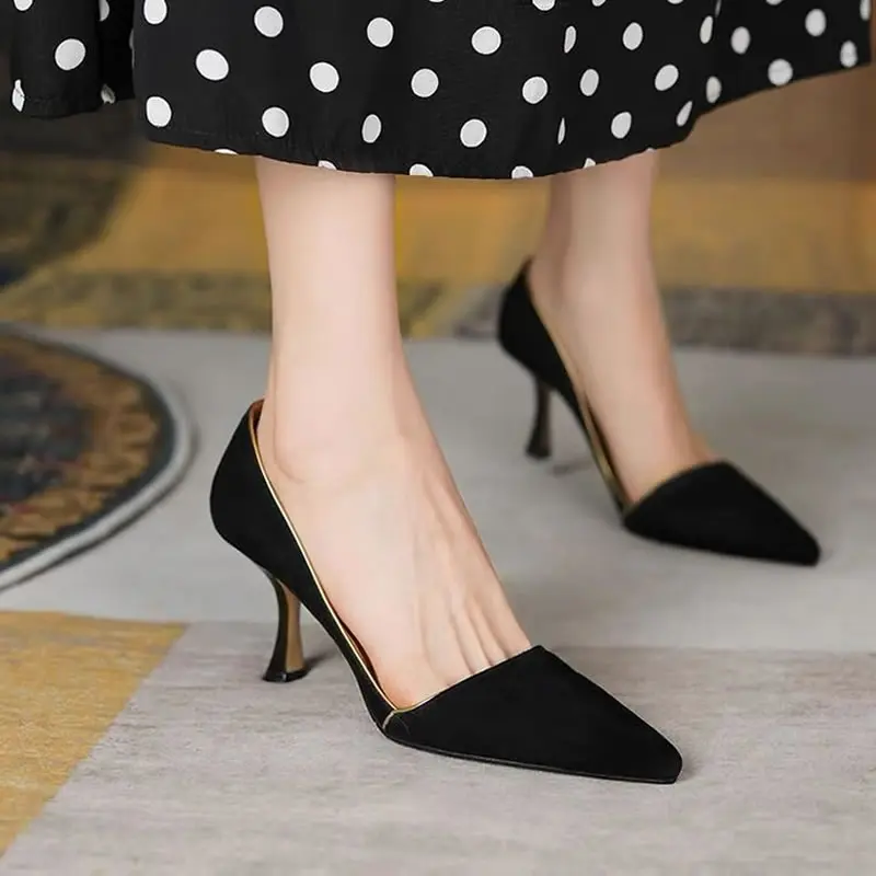 2024 Spring Elegant Black Suede Women\'s High Heels Shoes Sexy Apricot Beige PU Leather Pointed Toe Pumps Stiletto Party Shoes