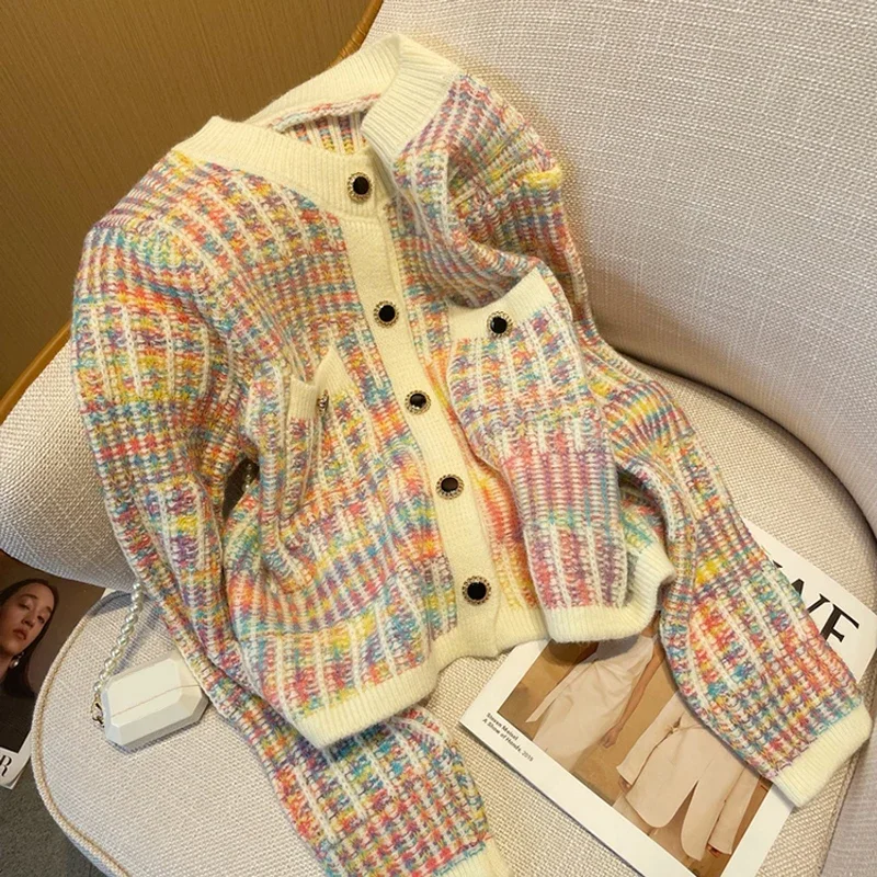 Autumn Korean Vintage Loose Rainbow Striped Knitted Cardigan Sweater Women Long Sleeve Mixed Color Single Breasted Pockets Tops