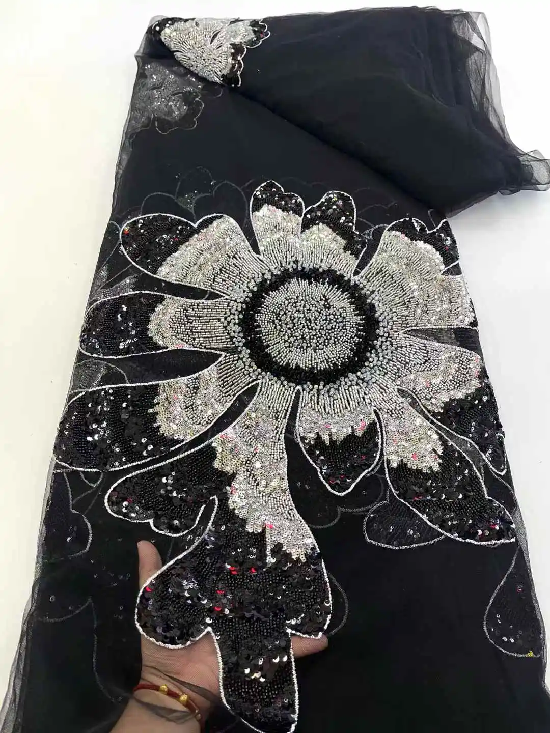 African Mesh Lace Fabric With Sequins Nigerian 3D Flowers Lace Fabric French Tulle Lace Fabric For Wedding Party-XC