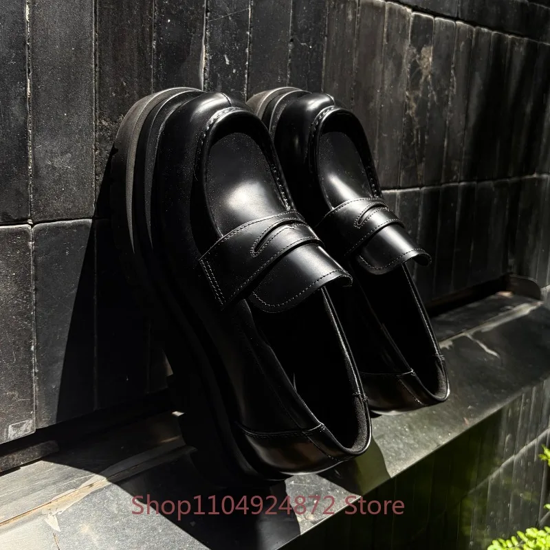 Designer Classic Black Genuine Leather Thick Sole Platform Shoes Men's Loafers Cowhide Fashion Business  Work Wedding Male
