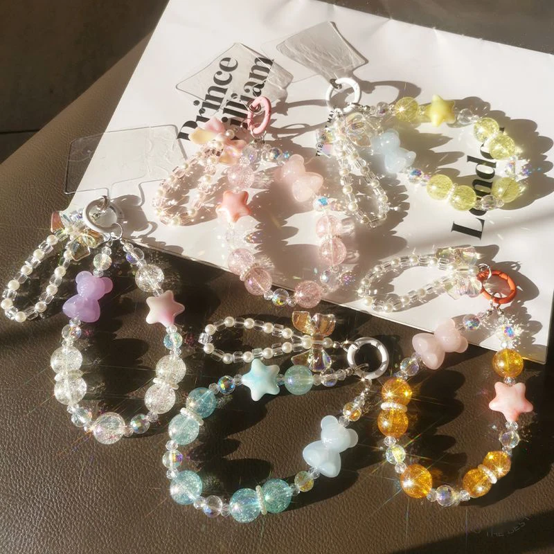 Mobile Phone Lanyard Wrist Chain Colorful Bear Five Star Crystal Beads Women Hand-held Double Chain Short Anti-lost Keychain