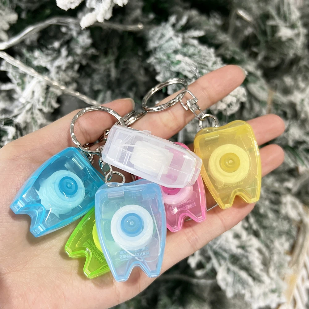 500pcs Dental Floss Tooth Keychain Tooth Cleaner Floss Roll Tooth-Shaped Key Chain Floss Picking Oral Care Customized LOGO