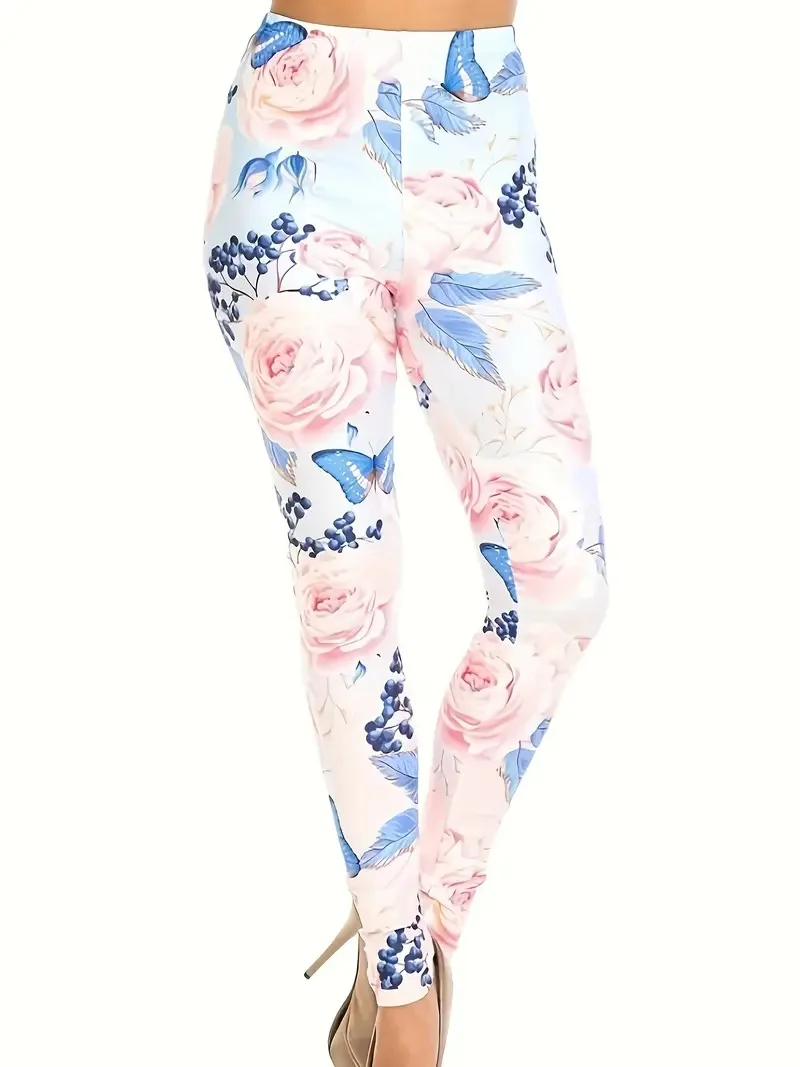 Flower  print Rest tight stretch elastic waist comfortable slim fit work daily travel Wearing women\'s leggings