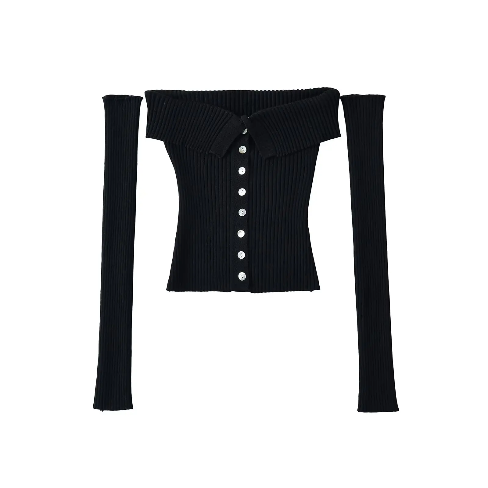 Sweet Spicy Shoulder Bared One Shoulder Sexy Knitted Sweater Street Style Slim Fit Long Sleeve Short Length Button up Pure Color