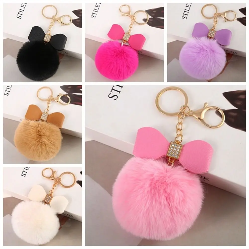 Bow Keyring Pompom Keychains PU Leather Waist Hanging Fluffy Ball Keychains Key Holder Soft Cute Fur Pom Keyring